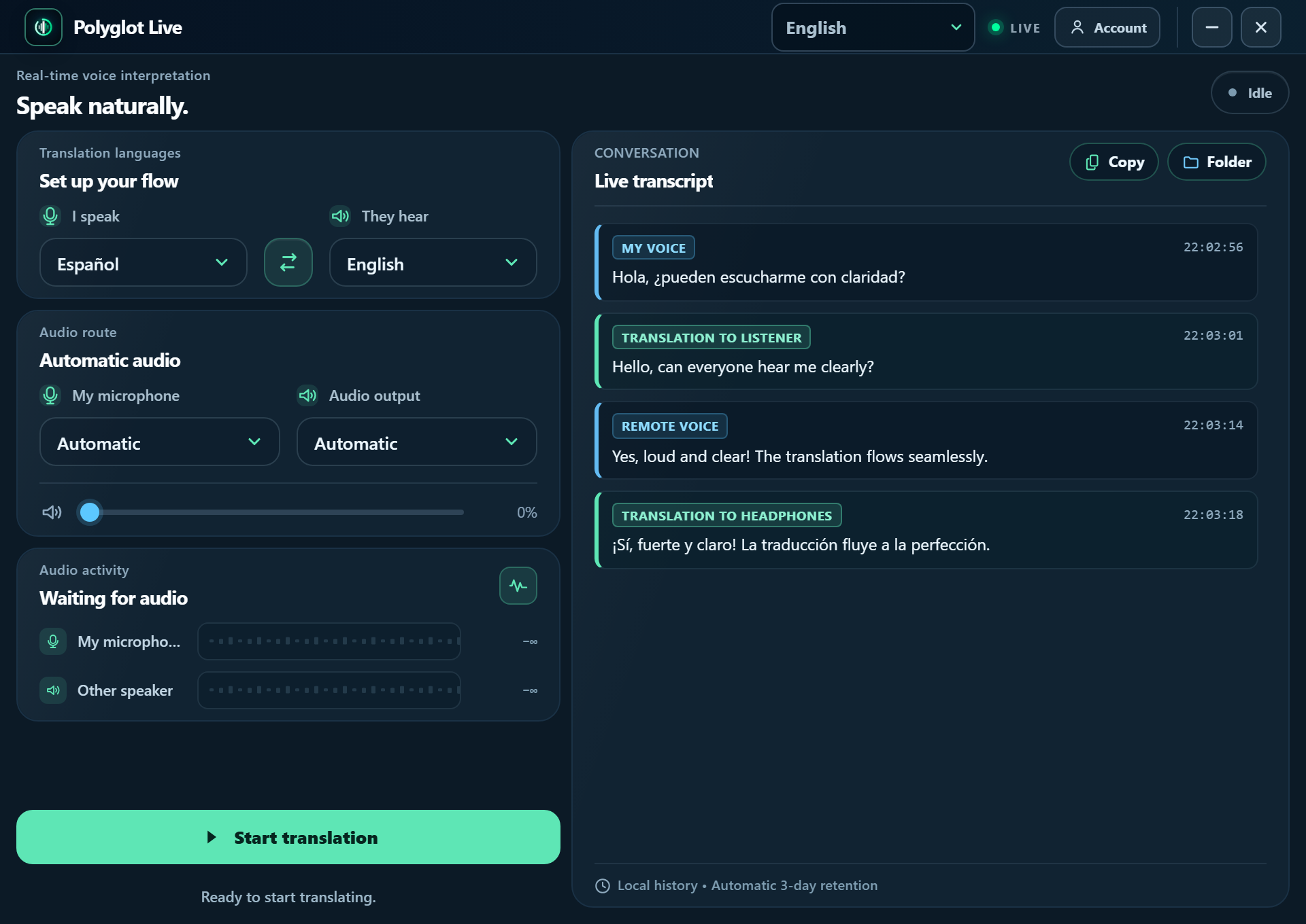 Polyglot Live desktop application interface with two-column layout showing real-time voice translation controls and live bilingual text transcript feed.